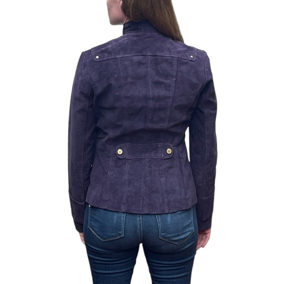 BERNARDO PURPLE SUEDE SNAP BUTTON STAND COLLAR RACING JACKET - Picture 2 of 16